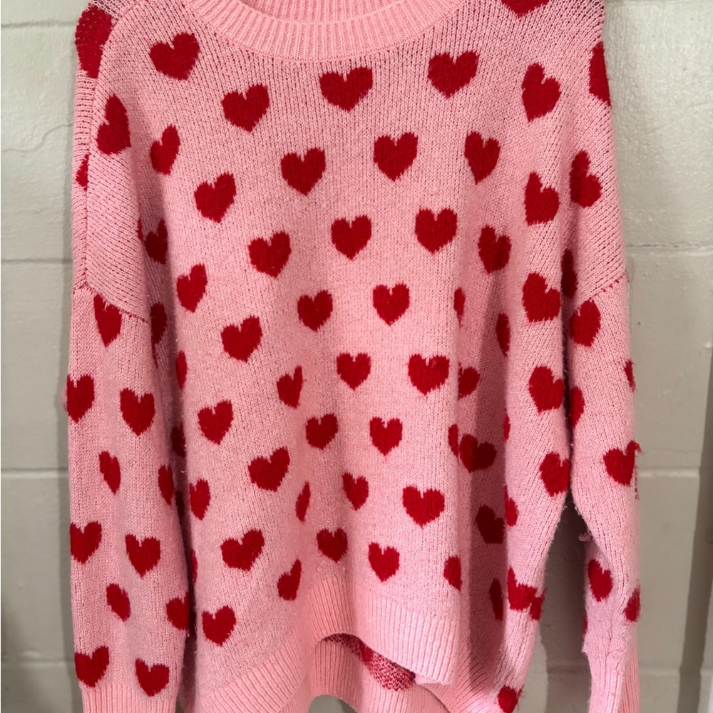 CeCe Pink and Red Crew Neck Sweater with Heart Pattern